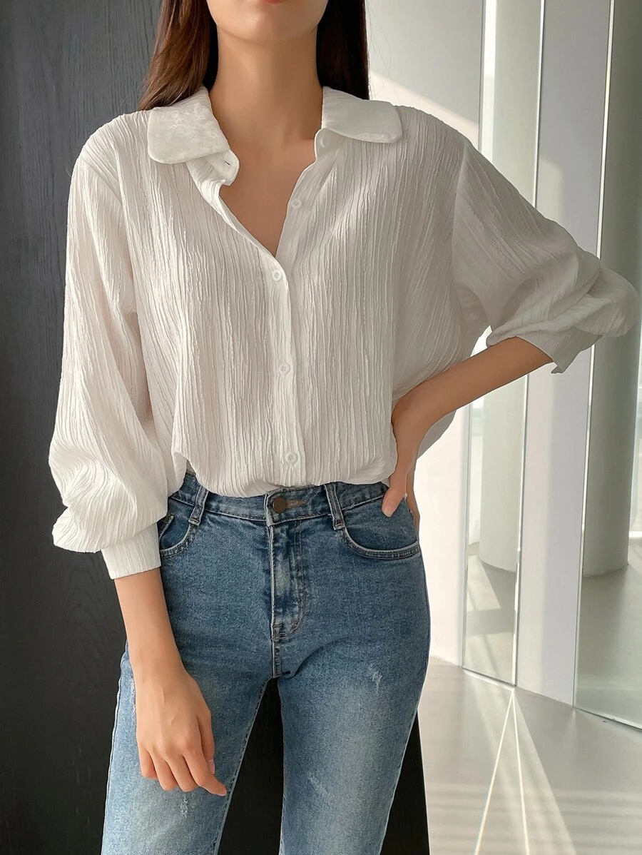 DAZY 纯色纽扣前襟衬衫、长袖上衣、秋装 - 白色 - 查看 1