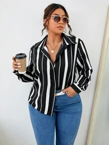 SHEIN Clasi Plus Striped Button Front Shirt - Black and White - View 1