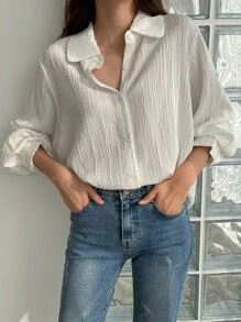 DAZY 纯色纽扣前襟衬衫、长袖上衣、秋装 - 白色 - 查看 5