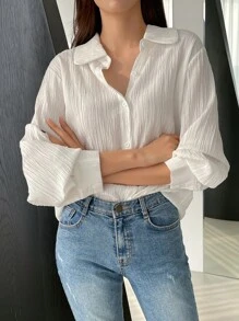 DAZY 纯色纽扣前襟衬衫、长袖上衣、秋装 - 白色 - 查看 6