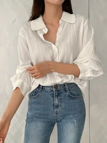 DAZY 纯色纽扣前襟衬衫、长袖上衣、秋装 - 白色 - 查看 7