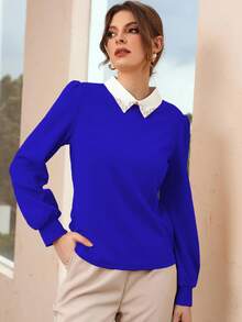 Mulvari Contrast Collar Pearls Beaded Puff Sleeve Blouse - Royal Blue - View 5