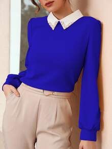 Mulvari Contrast Collar Pearls Beaded Puff Sleeve Blouse - Royal Blue - View 6