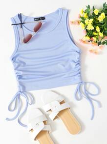 Solid Drawstring Side Tank Top - Baby Blue - View 1