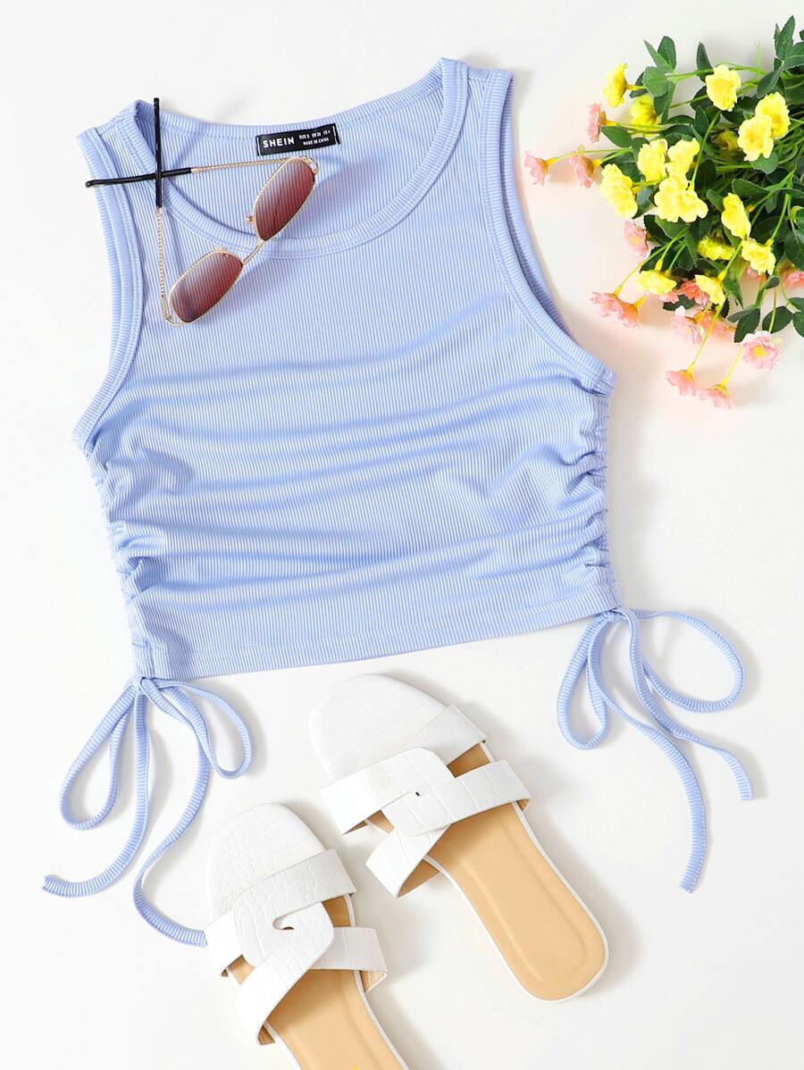 Solid Drawstring Side Tank Top - Baby Blue - View 1