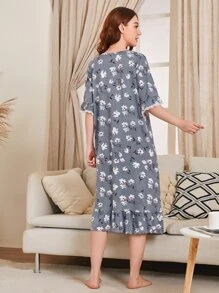 Floral Print Contrast Lace Ruffle Hem Pajama Nightdress - Dusty Blue - View 2