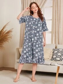 Floral Print Contrast Lace Ruffle Hem Pajama Nightdress - Dusty Blue - View 4