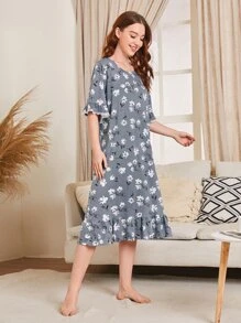 Floral Print Contrast Lace Ruffle Hem Pajama Nightdress - Dusty Blue - View 5
