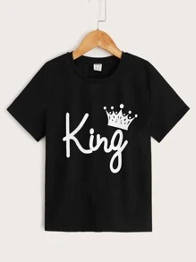 SHEIN Leap Crew Tween Boy's Crown & Letter Print Short Sleeve T-Shirt, Fashionable And Casual Summer Outfits - Black - View 1