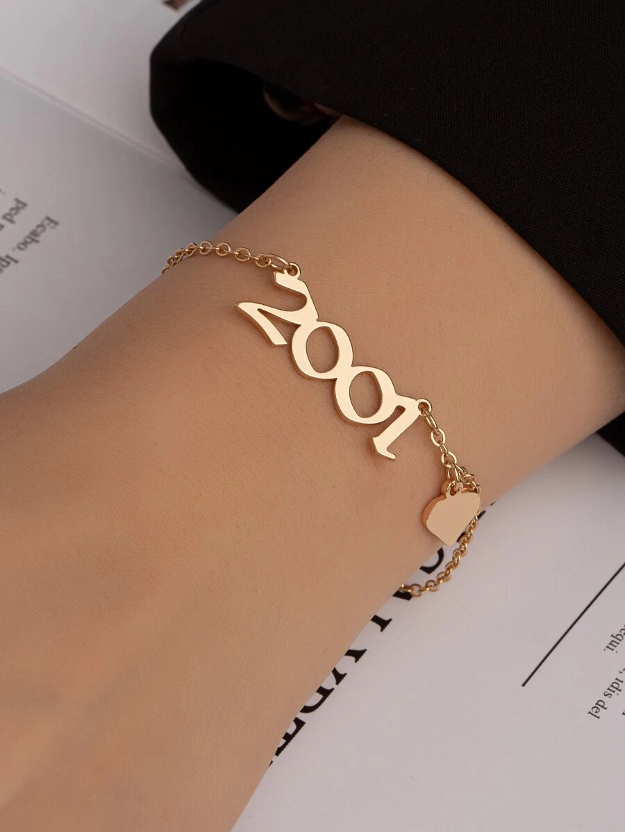 Number & Heart Charm Bracelet - Yellow Gold - View 1