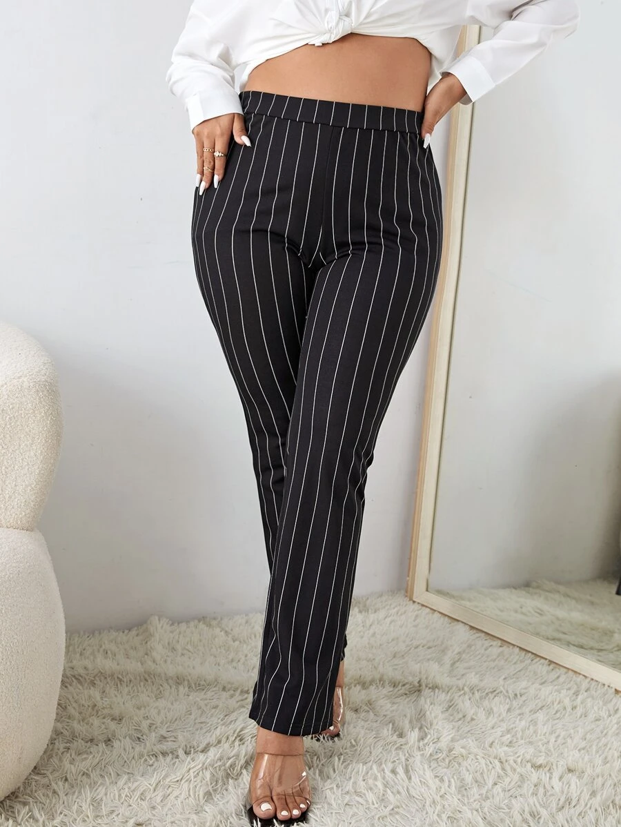 SHEIN Frenchy Plus High Waist Vertical Striped Boot-Cut Leg Pants