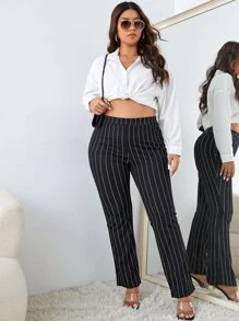 SHEIN Frenchy Plus High Waist Vertical Striped Boot-Cut Leg Pants