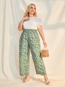 SHEIN LUNE Plus Floral Print Paper Bag Waist Trousers - Multicolor - View 1