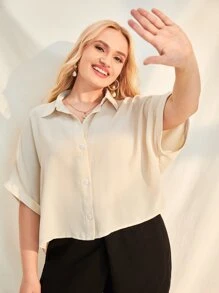 SHEIN EZwear Plus Batwing Sleeve Solid Shirt - Beige - View 2