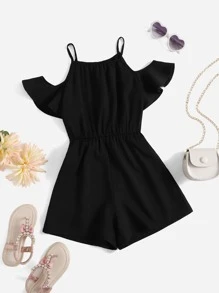 SHEIN Girls Solid Cold Shoulder Romper - Black - View 1
