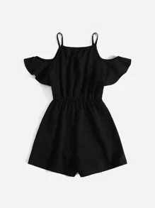 SHEIN Girls Solid Cold Shoulder Romper - Black - View 2