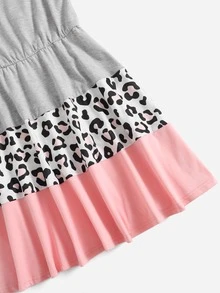 SHEIN 女孩撞色豹紋印花荷葉邊洋裝 - 彩色 - 查看 3