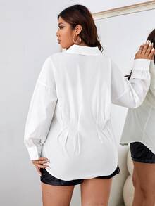 SHEIN Frenchy 大碼素色落肩袖前排扣襯衫 - 白色 - 查看 2