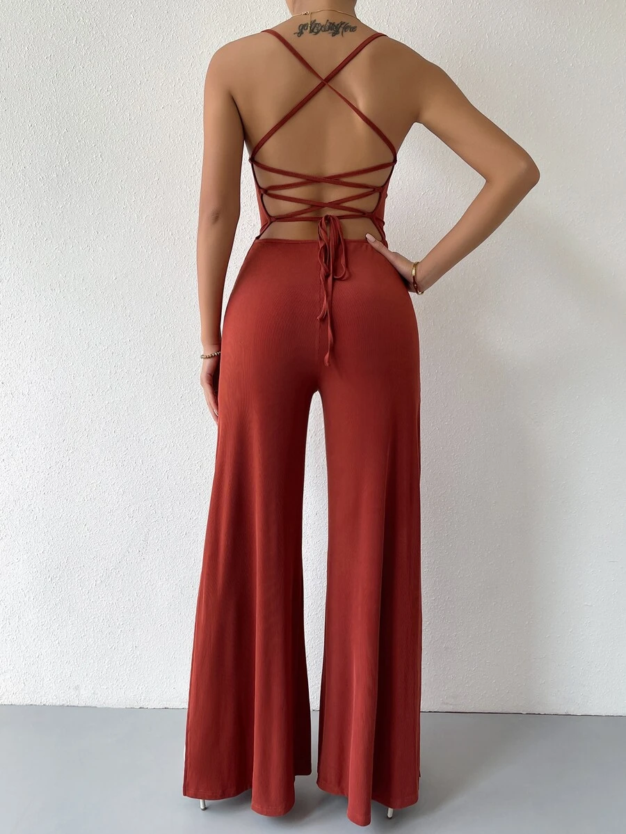 Zolique Lace Up Tied Backless Wide Leg Jumpsuit - Redwood - View 1