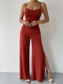 Zolique Lace Up Tied Backless Wide Leg Jumpsuit - Redwood - View 3