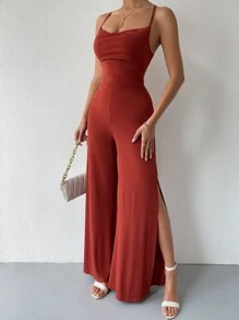 Zolique Lace Up Tied Backless Wide Leg Jumpsuit - Redwood - View 5