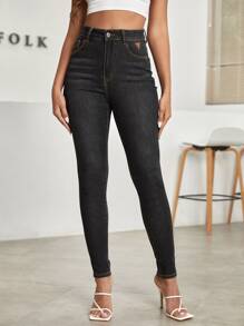 High Waist Patch Detail Skinny Jeans - Black - View 1