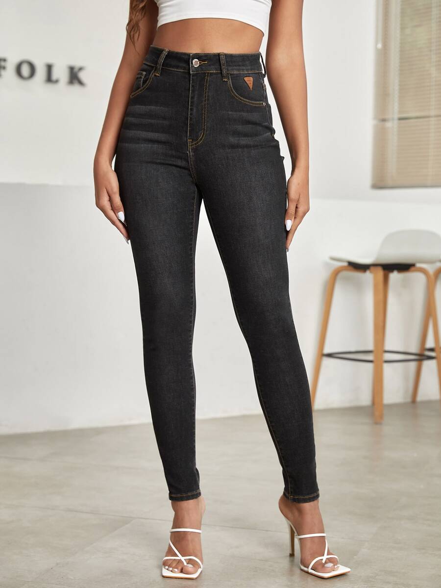 High Waist Patch Detail Skinny Jeans - Black - View 1