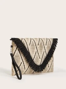 SHEIN VCAY Luxury Glamorous, Elegant, Exquisite, Quiet Luxury Fringe Decor Geometric Graphic Straw Clutch Bag Perfect for Party, Wedding, Prom, Dinner/Banquet, Dinner/Banquet, Best Gift For Women Mom Teacher Friend Bridesmaid - Beige - View 6