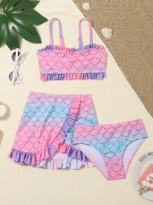 3 件装年轻女孩鱼鳞印花荷叶边比基尼套装和沙滩裙夏季海滩 - 粉色 - 查看 1