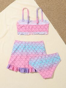 3 件装年轻女孩鱼鳞印花荷叶边比基尼套装和沙滩裙夏季海滩 - 粉色 - 查看 2