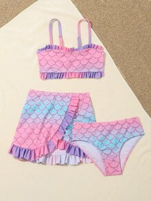 3 件装年轻女孩鱼鳞印花荷叶边比基尼套装和沙滩裙夏季海滩 - 粉色 - 查看 5
