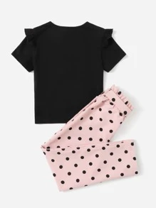 SHEIN 女孩人像圖案荷葉邊細節上衣和波卡圓點闊腿褲套裝