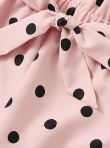 SHEIN 女孩人像圖案荷葉邊細節上衣和波卡圓點闊腿褲套裝