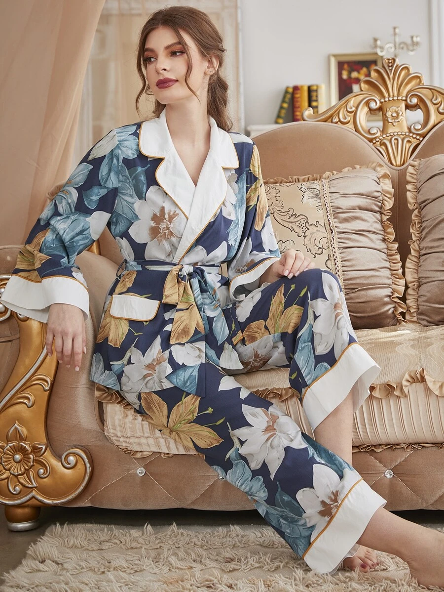 Floral Print Contrast Piping Belted PJ Set - Multicolor - View 1