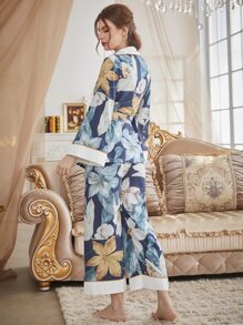Floral Print Contrast Piping Belted PJ Set - Multicolor - View 2