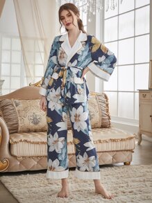 Floral Print Contrast Piping Belted PJ Set - Multicolor - View 3