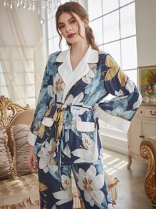 Floral Print Contrast Piping Belted PJ Set - Multicolor - View 5