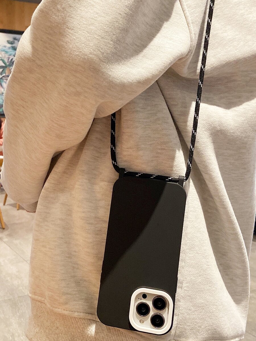 Apple 2pcs Black TPU + Acrylic White Lens Ring + 0.6mm Thick Black Silver Crossbody Cord Phone Case Compatible With Iphone 16/IPhone 16 Pro/IPhone 16 Pro Max/IPhone 16 PLUS/15/14/12/13/11 - Black - View 1