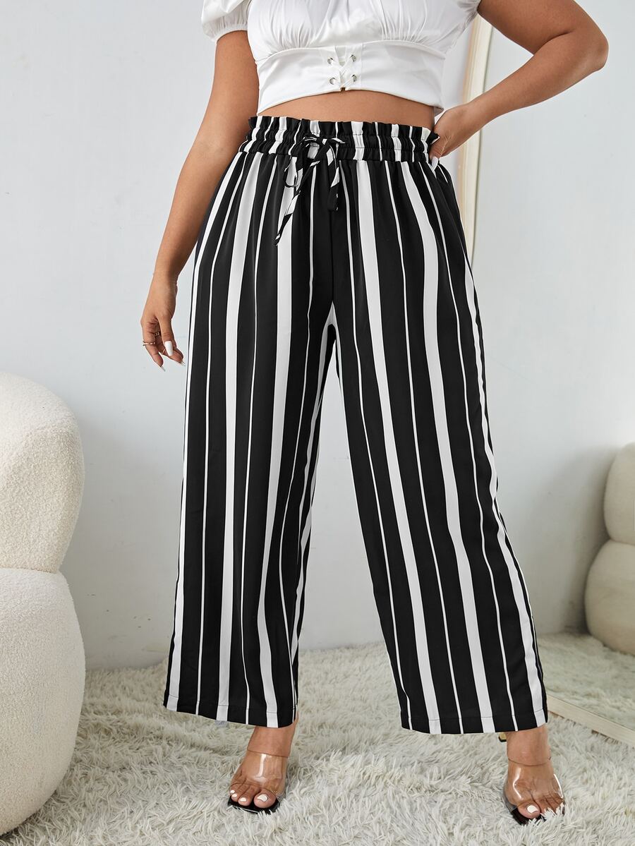 Pantalones de pierna ancha de rayas con cordón fruncido cintura - Blanco y Negro - Ver 1