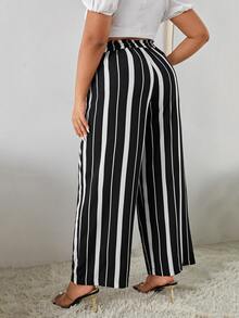 Pantalones de pierna ancha de rayas con cordón fruncido cintura - Blanco y Negro - Ver 2