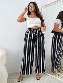 Pantalones de pierna ancha de rayas con cordón fruncido cintura - Blanco y Negro - Ver 3