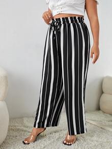 Pantalones de pierna ancha de rayas con cordón fruncido cintura - Blanco y Negro - Ver 4