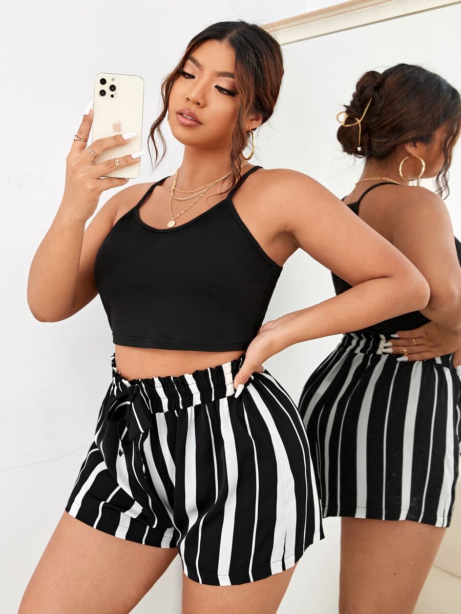 SHEIN Unity Plus Crop Halter Top & Striped Shorts - Black and White - View 1