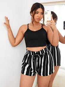 SHEIN Unity Plus Crop Halter Top & Striped Shorts - Black and White - View 3