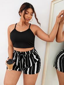 SHEIN Unity Plus Crop Halter Top & Striped Shorts - Black and White - View 4