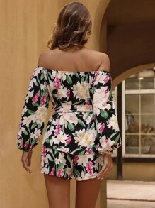 Allover Floral Print Off Shoulder Belted Blouse With Shorts - Multicolor - View 2