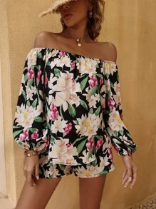 Allover Floral Print Off Shoulder Belted Blouse With Shorts - Multicolor - View 4