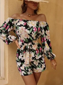 Allover Floral Print Off Shoulder Belted Blouse With Shorts - Multicolor - View 6