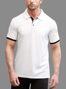 Men Contrast Binding Half Button Placket Polo Shirt Shein Usa