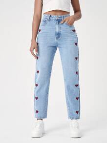 Heart Print Mom Fit Jeans - Light Wash - View 1